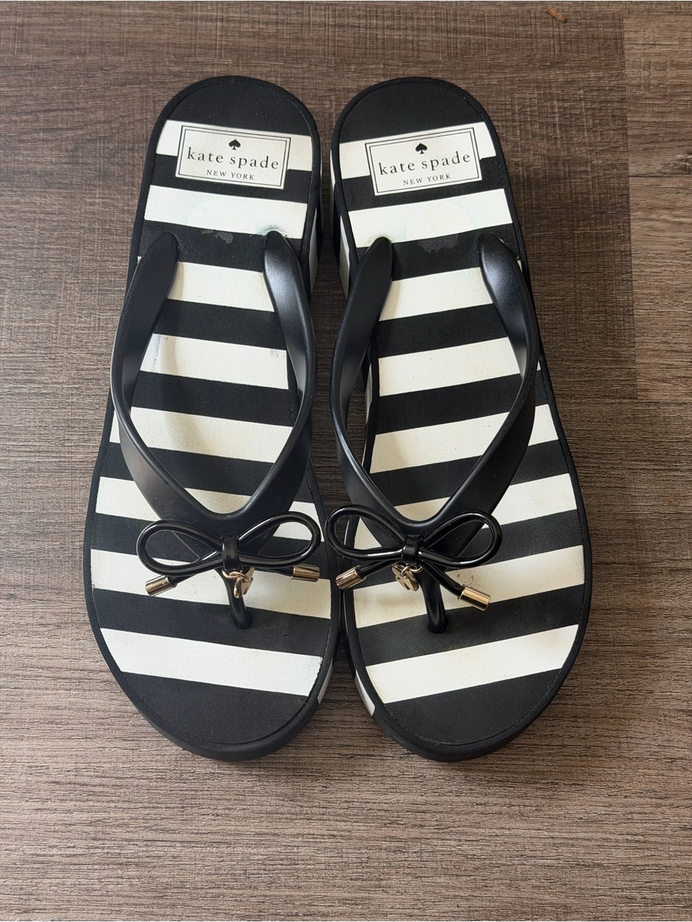 kate spade Black & White Striped Bow Flip Sandals